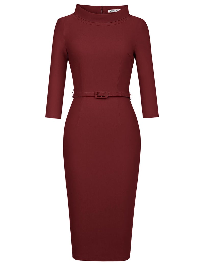 MUXXN Flattering Mock Neck Half Sleeve Retro 1940s Cocktail Juniors Dress for Women (Merlot M) - Image 3